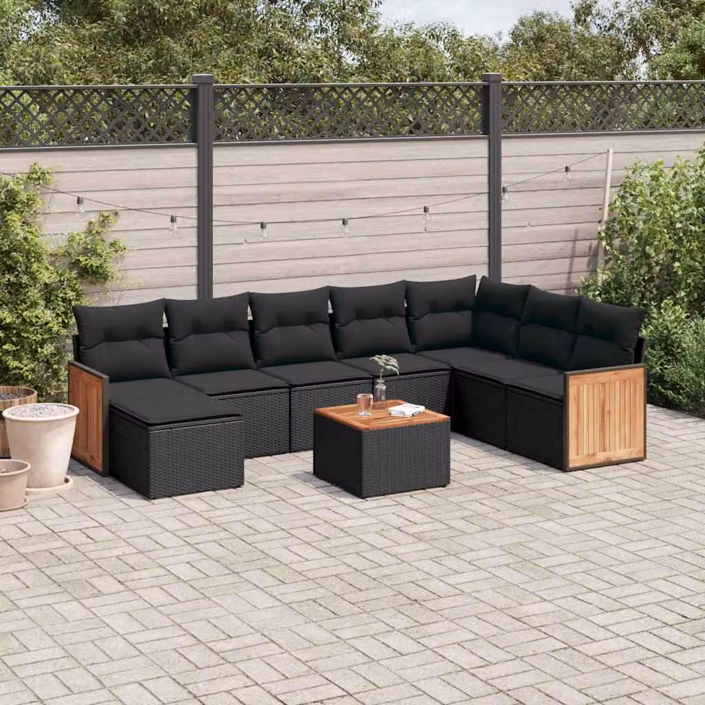 vidaXL Set Divani da Giardino 9 pz in Polyrattan Nero con Cuscini e Tavolino da Esterno – 1
