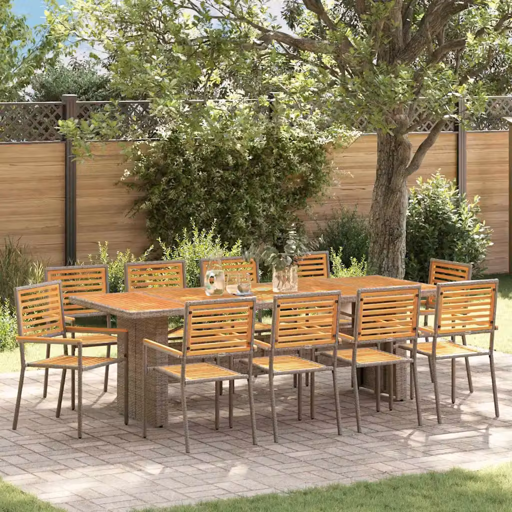 Set da pranzo per giardino e terrazza vidaXL in polyrattan da 11 pezzi, colore grigio e marrone, con tavolo rettangolare in legno di acacia