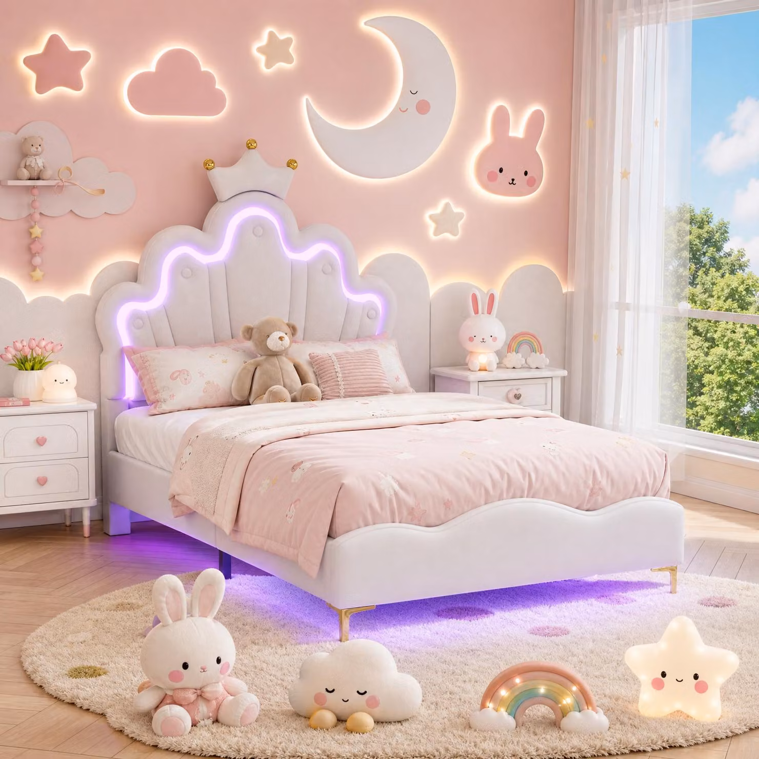 Letto per bambini INONEFT, 90 x 200 cm, con imbottitura, ideale per bambine, letto a forma di principessa con poggiatesta LED regolabile, letto singolo con rete a doghe, realizzato in PU, colore bianco