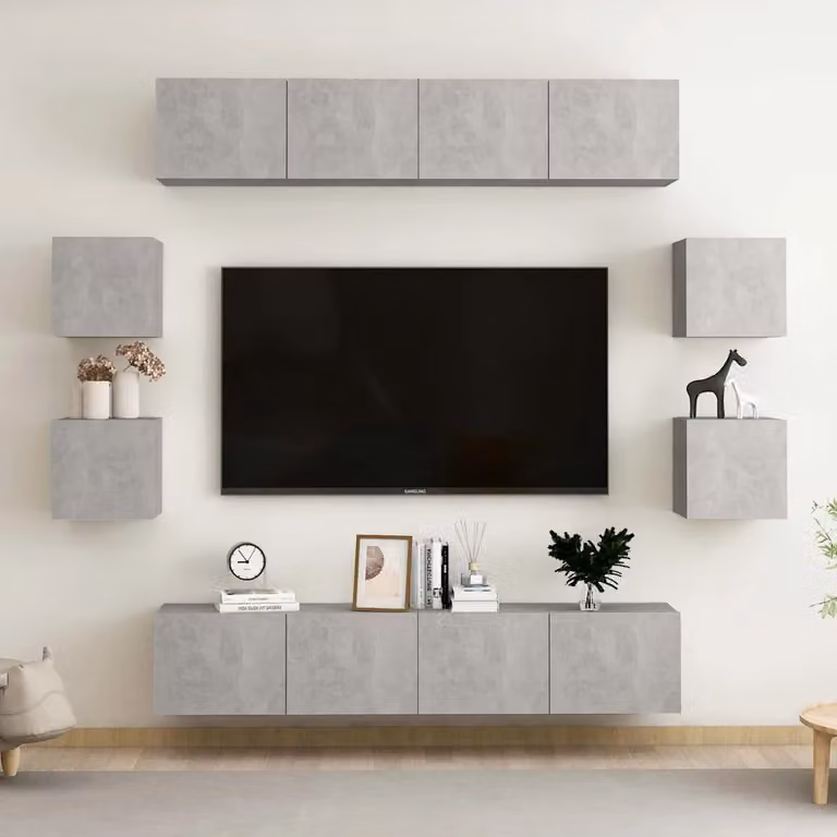 Set di mobili porta TV vidaXL 8 pezzi in legno e MDF, colore grigio cemento, stile moderno per il tuo soggiorno