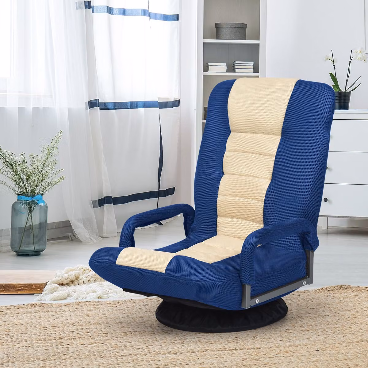 Sedia da gaming pieghevole Costway blu con base girevole a 360 gradi e braccioli in tessuto