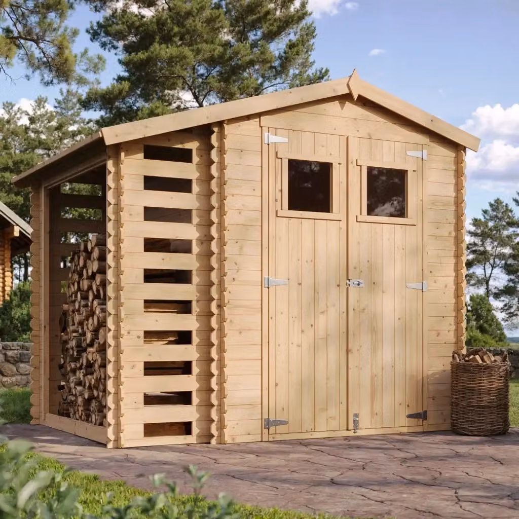 Casetta da Giardino in Legno Timbela M386+M386G con Legnaia da Esterno, Colore Grigio e Beige, Superficie: 3,53 m2 + 0,97 m2 – 2