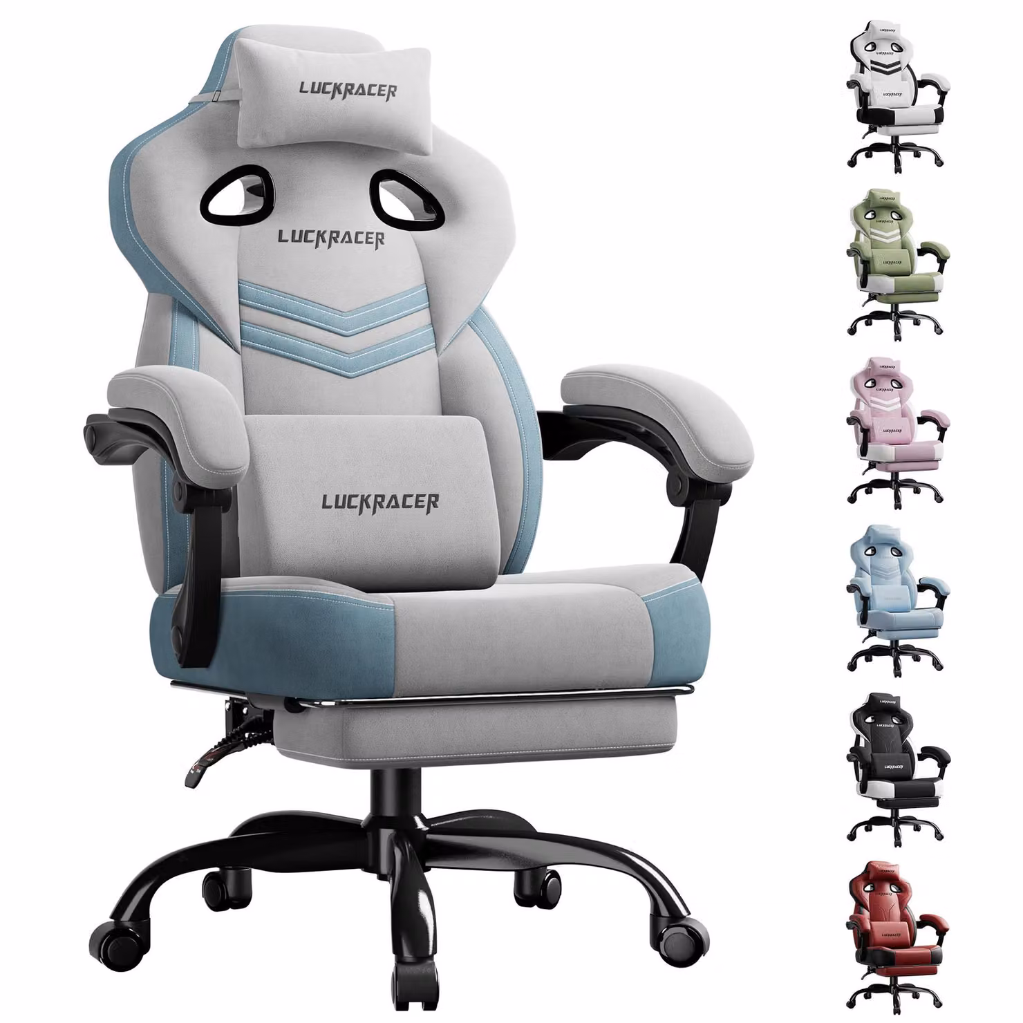 LUCKRACER sedia da gioco, sedia da ufficio con braccioli collegati, cuscino in memory foam, angolo di inclinazione di 90-155° e poggiapiedi, tessuto funzionale e resistente