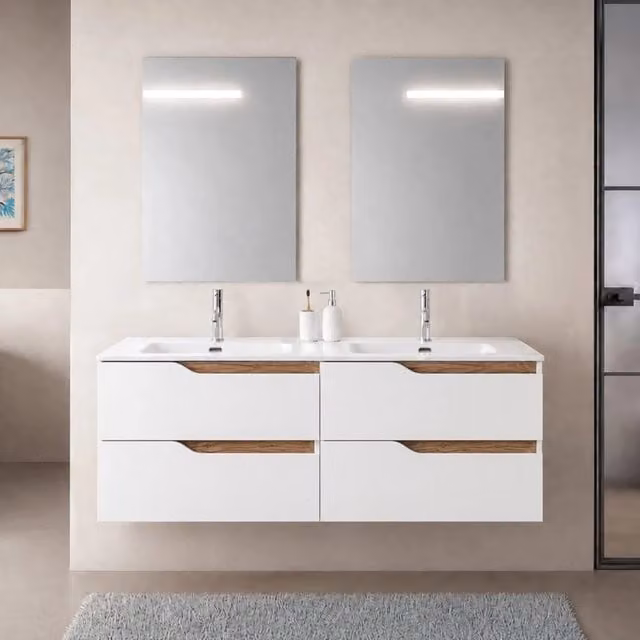 Mobile bagno sospeso 120 cm bianco e quercia due cassetti e doppia vasca Sumya