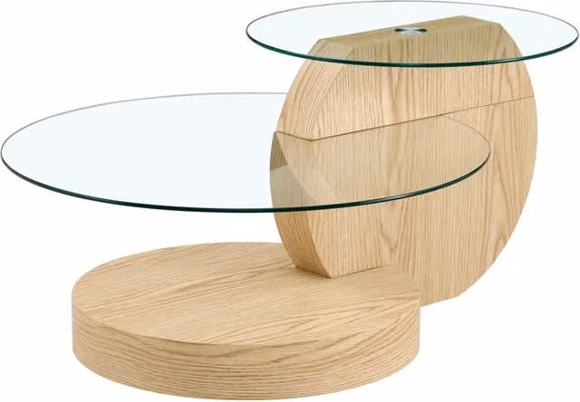 Tavolino da caffè moderno con piano in vetro di sicurezza e struttura in MDF effetto legno chiaro, design a due livelli