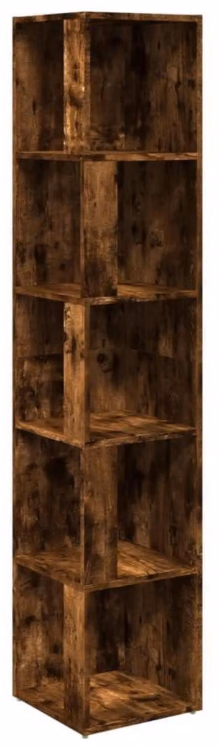 Scaffale angolare in legno impiallacciato noce, dimensioni 33x33x164,5 cm, realizzato in materiale composito, con 5 scomparti