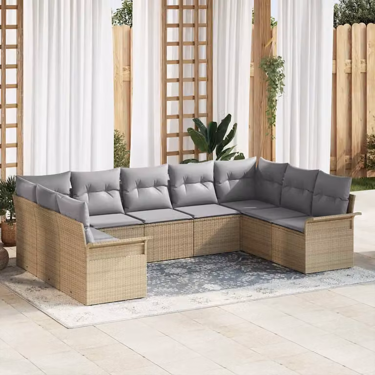 Set Divano da Giardino vidaXL 9 Pezzi Beige con Cuscini e Funzione Archiviazione in Polyrattan e Metallo