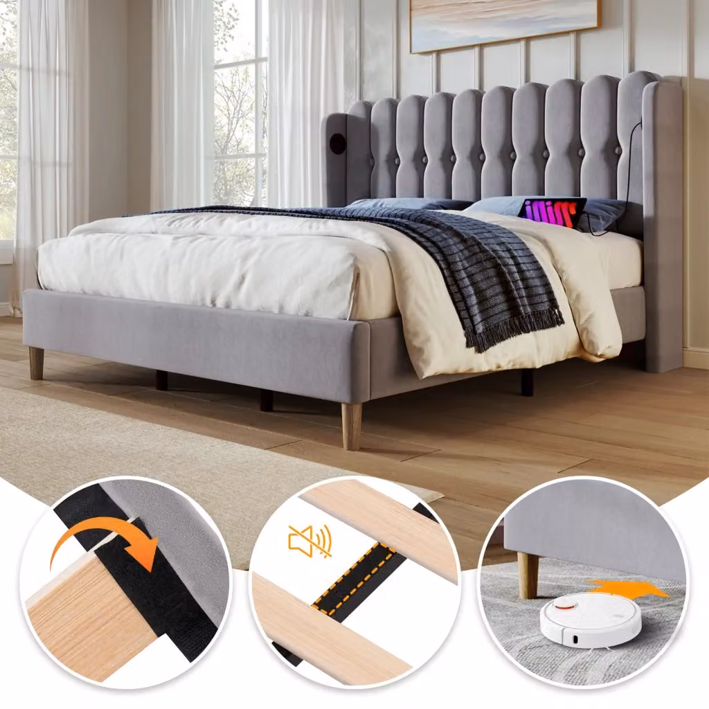 Letto matrimoniale OKWISH moderno in tessuto grigio con testiera imbottita e porte di ricarica USB, L/P/H: 140 x 200 x 103 cm – 2