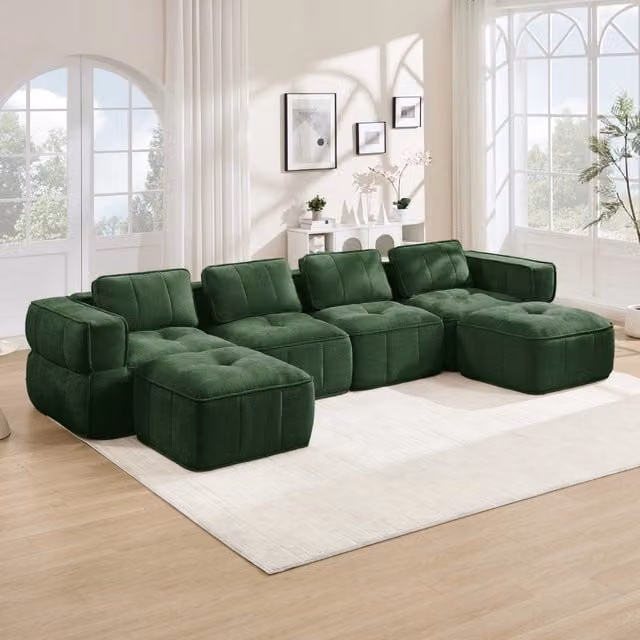 Divano modulare 344x162x67 cm senza struttura con 2 pouf in poliestere verde