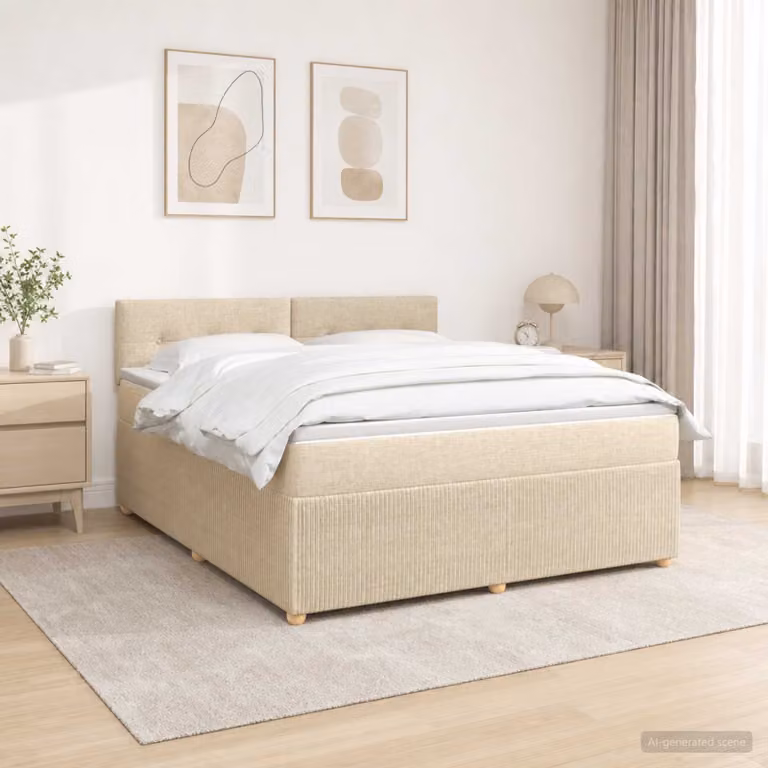 Letto box spring con materasso ibrido vidaXL in tessuto beige e bianco, L 160 x P 200 cm