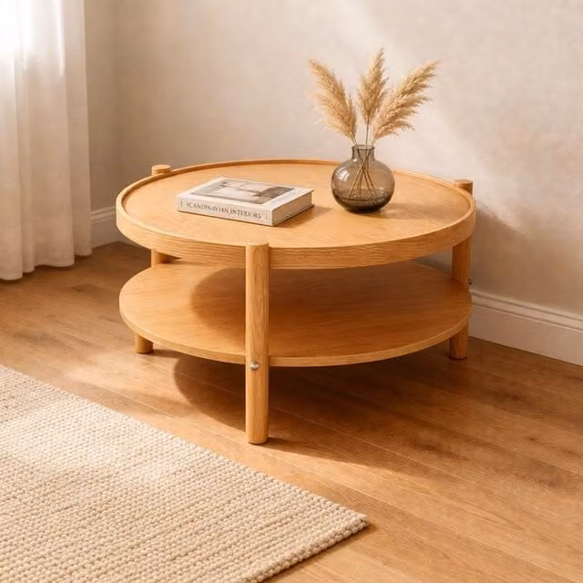 Tavolino da salotto rotondo DMORA in legno color rovere marrone L: 80 cm, P: 80 cm, H: 48 cm – 1