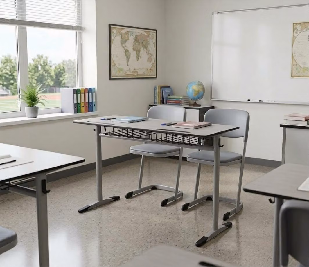 Set scolastico moderno ed ergonomico: tavolo da scuola grigio e sedia a due posti