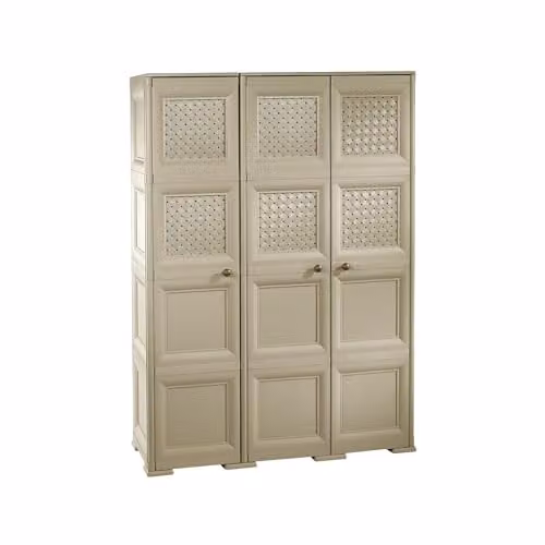 MA MAISON Armadio in Plastica 118 x 43 x 164 cm con 3 Ante, Vano Portascope e Ante Traforate – Mobile Alto Salvaspazio per Lavanderia e Organizzazione Casa (Taupe)