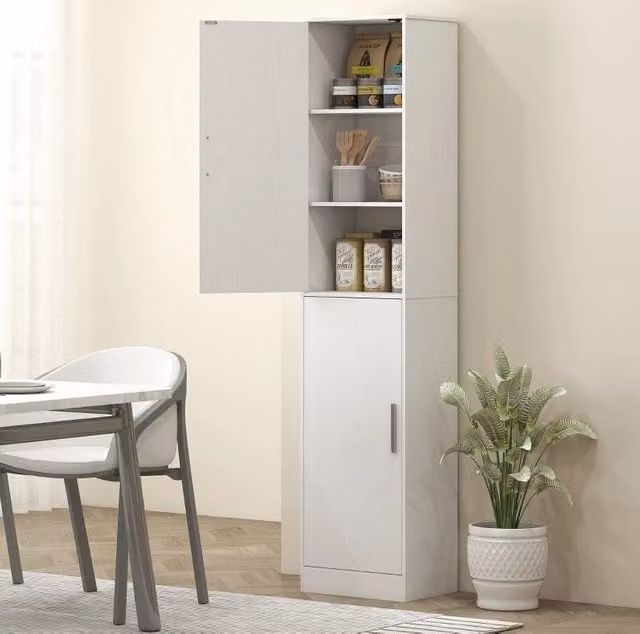 Pensile bagno bianco 40x35x180 cm con 2 porte e ripiani regolabili, mobile alto e stretto