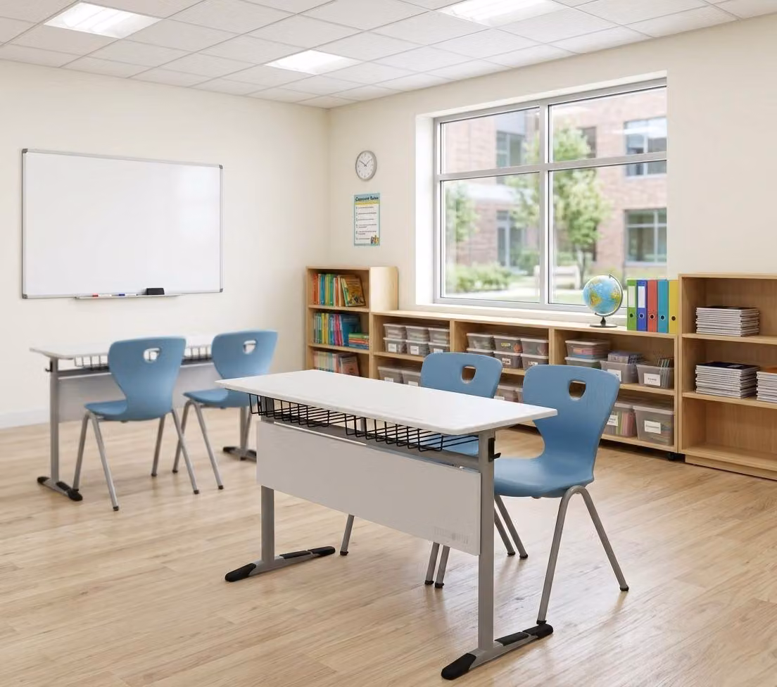 Set scolastico moderno ed ergonomico: scrivania grigia e sedia blu a due posti