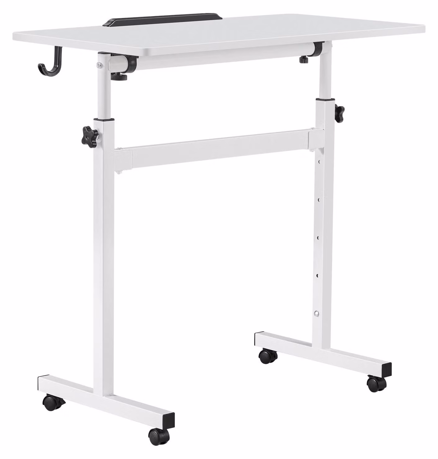 SucceBuy, scrivania regolabile in altezza, dimensioni 810x410 mm, capacità di carico 25 kg, scrivania per computer con piano inclinabile a 360°, scrivania con ganci e ruote bloccabili, scrivania regolabile in altezza per l'ufficio domestico e lo studio
