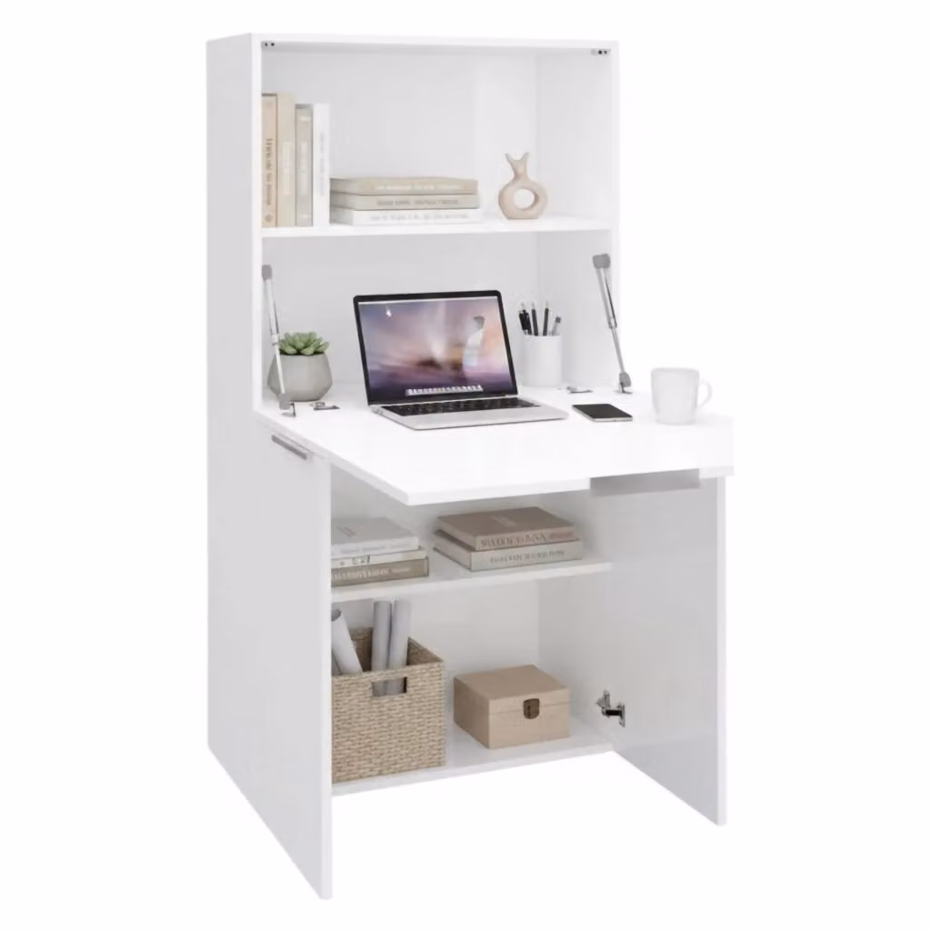 DMORA Scrivania a Segretario Moderna in MDF Laminato Bianco Lucido L/P/H: 70 x 35 x 140 cm – 2