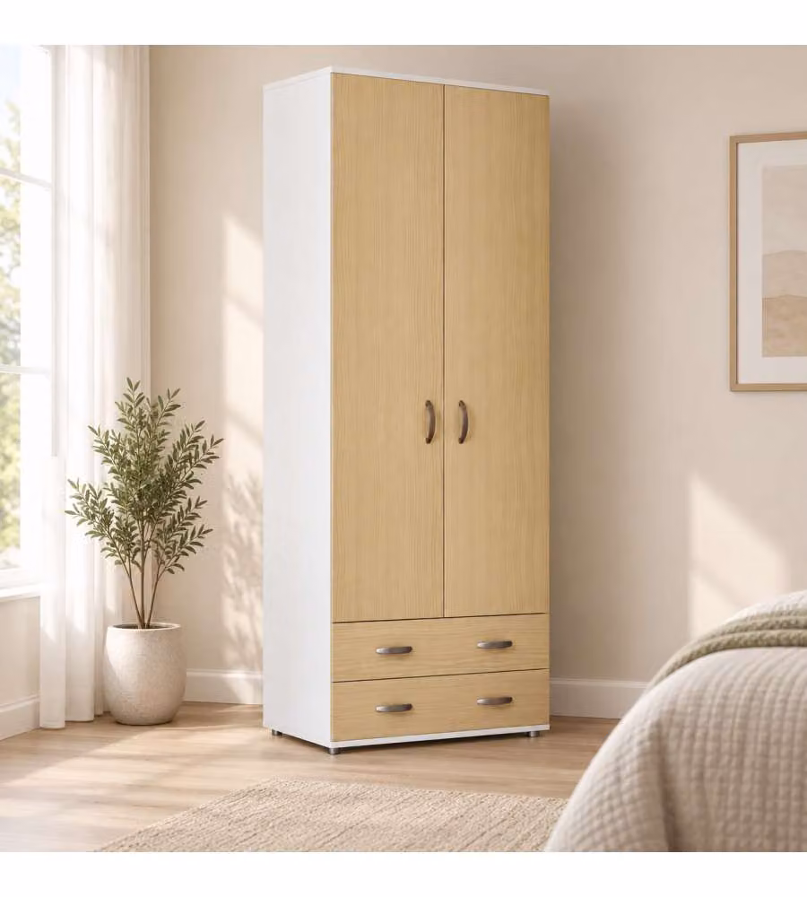 Armadio Lugano doppia anta in ciliegio Olmo con cassetti - 207x80x52 cm