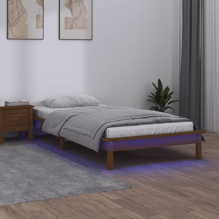 The Living Store Letto in legno massiccio con illuminazione LED marrone miele 90x200 cm