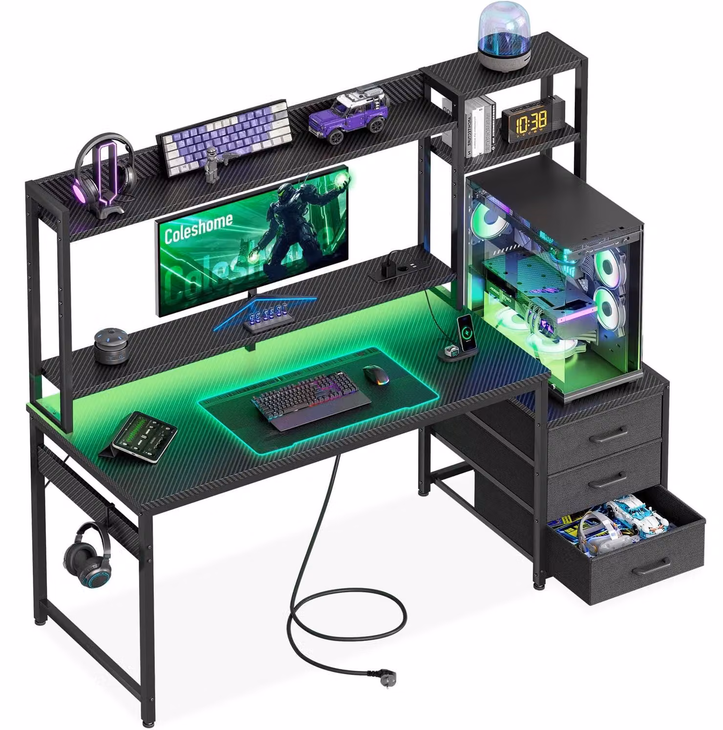 Scrivania da gioco con cassetti - 137 x 48 cm - Effetto fibra di carbonio nera - Illuminazione LED e caricatore USB
