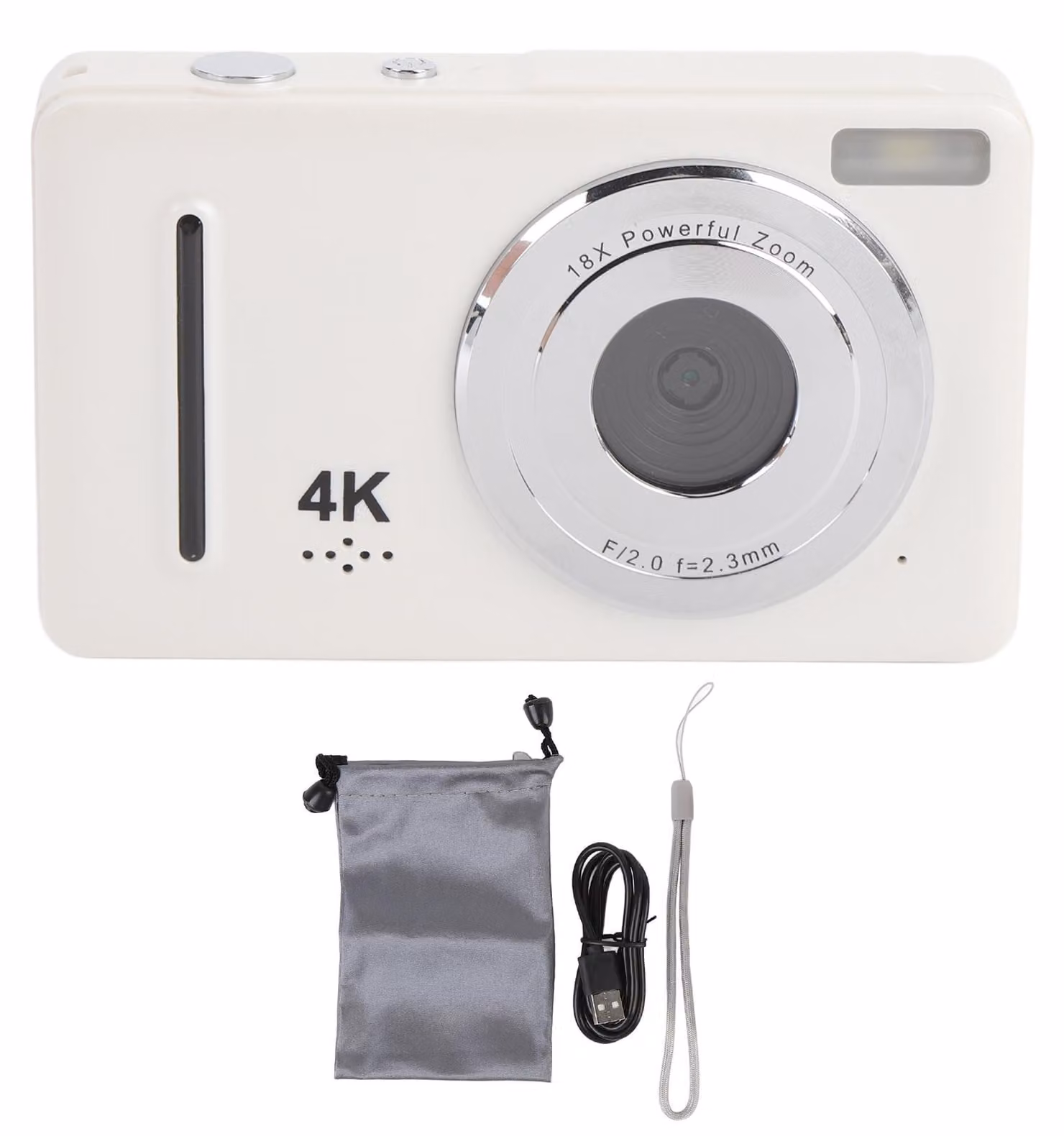Fotocamera digitale 4K da 64 MP con schermo da 2,4 pollici e zoom ottico 18x; videocamera da viaggio compatta e portatile per principianti, colore bianco