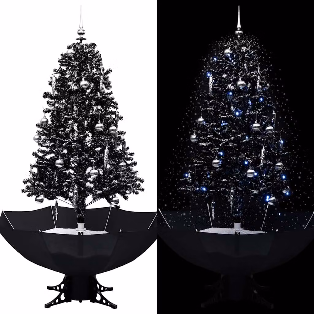 Albero di Natale vidaXL con Nevicata e Base ad Ombrello, Colore Nero, Argento e Bianco, Altezza: 170 cm – 1