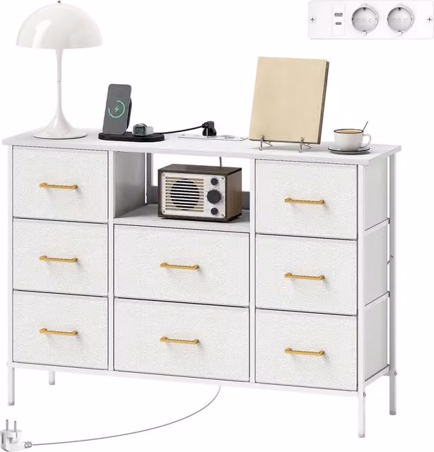 Cassettiera 8 cassetti 110 x 30 x 76 cm prese usb e type-c integrate salva-spazio moderna ed essenziale in tessuto bouclé crema 21_0001669