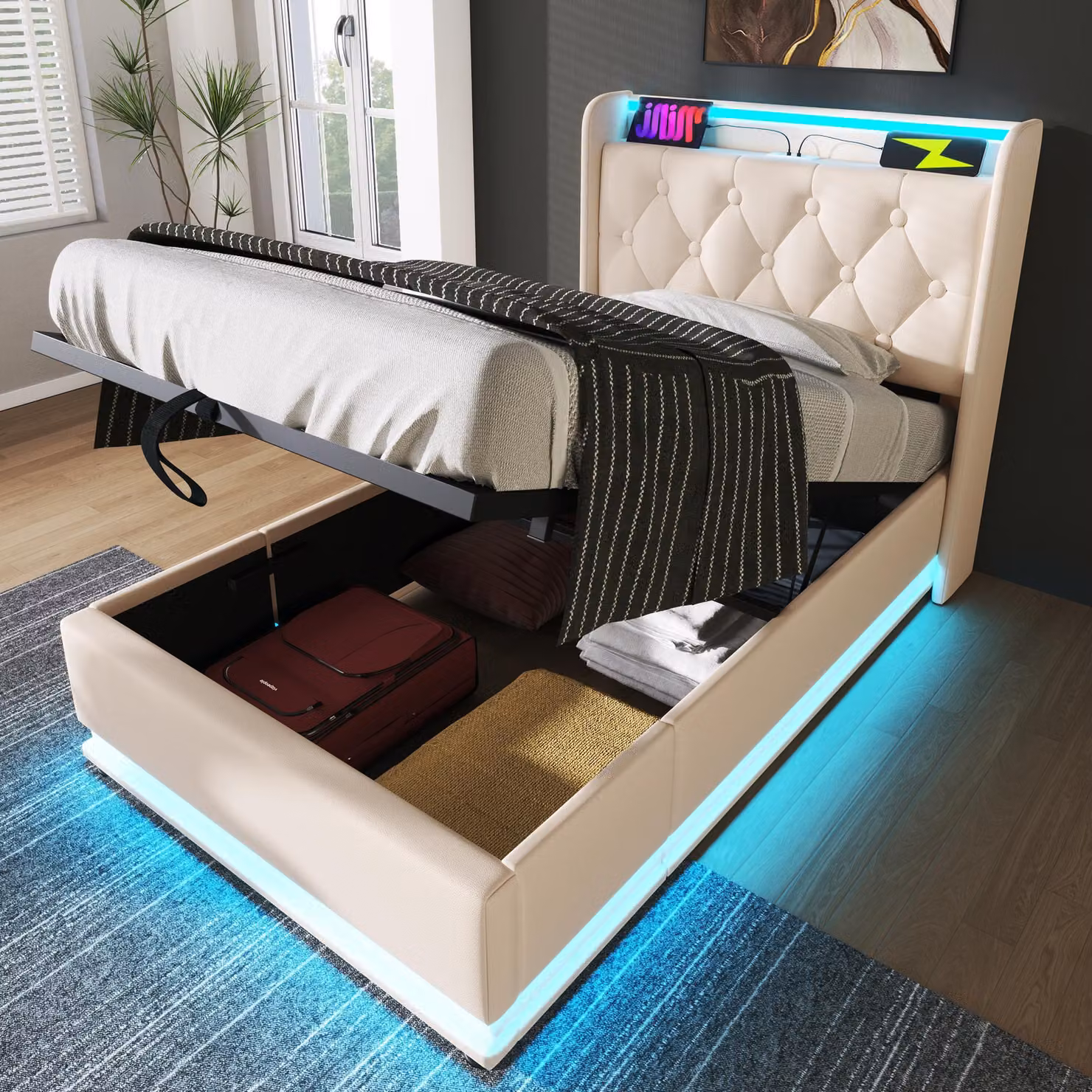 Letto imbottito Abrihome per ragazzi 90x200cm con funzione di ricarica USB&Type-c, letto contenitore idraulico con LED, bianco (senza materasso)