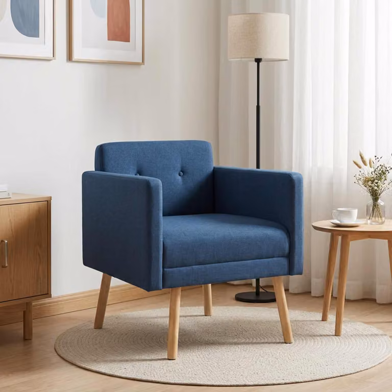 Sedia d'accento moderna vidaXL in tessuto blu con braccioli e struttura in legno