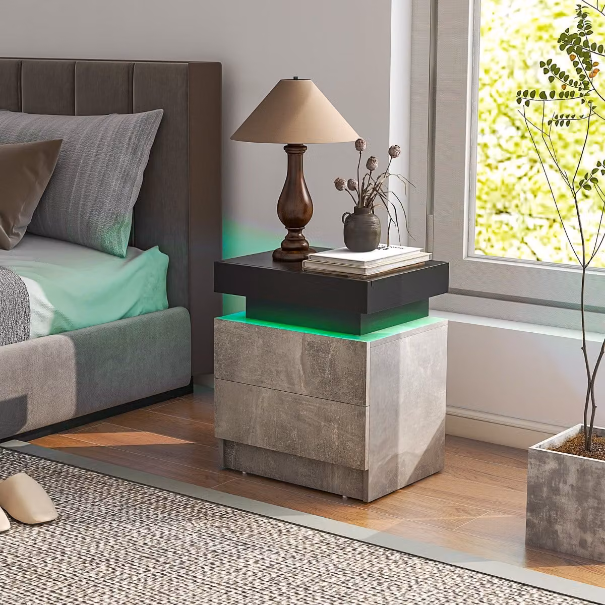 Comodino Costway moderno con luci a LED e 2 cassetti, tavolino da divano con finitura lucida effetto marmo grigio, L: 45 cm, P: 35 cm, H: 52 cm