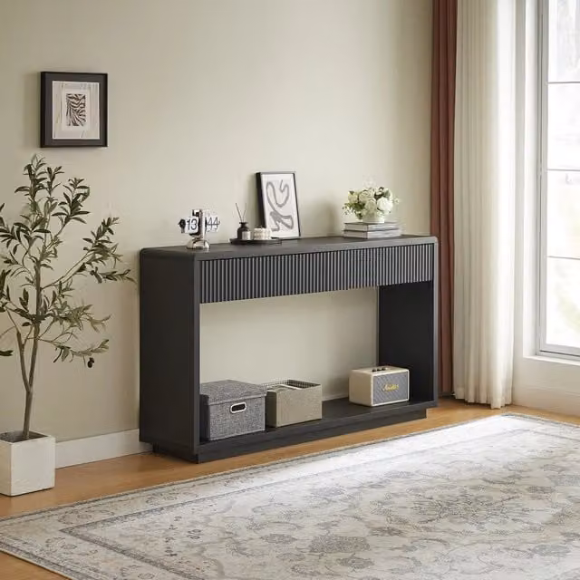 Consolle moderna 150 cm, nero carbone, con 2 grandi cassetti e ripiano aperto inferiore, per ingresso e soggiorno