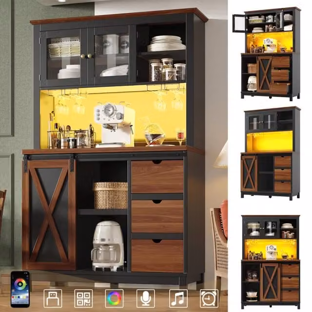 Mobile alto moderno nero con illuminazione LED e controllo app, credenza cucina o sala da pranzo con 1 cassetto, sideboard con porta scorrevole e 3 cassetti