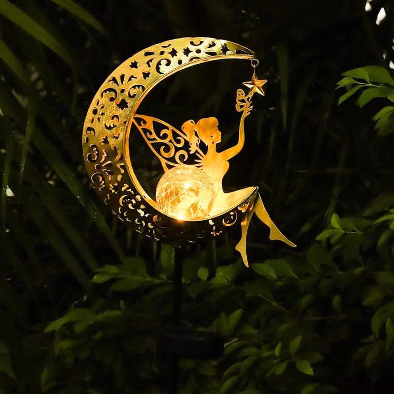 Lampada solare da giardino a forma di fata sulla luna, luce bianco caldo, grado di protezione IP55, 104 cm, set da 5 pezzi