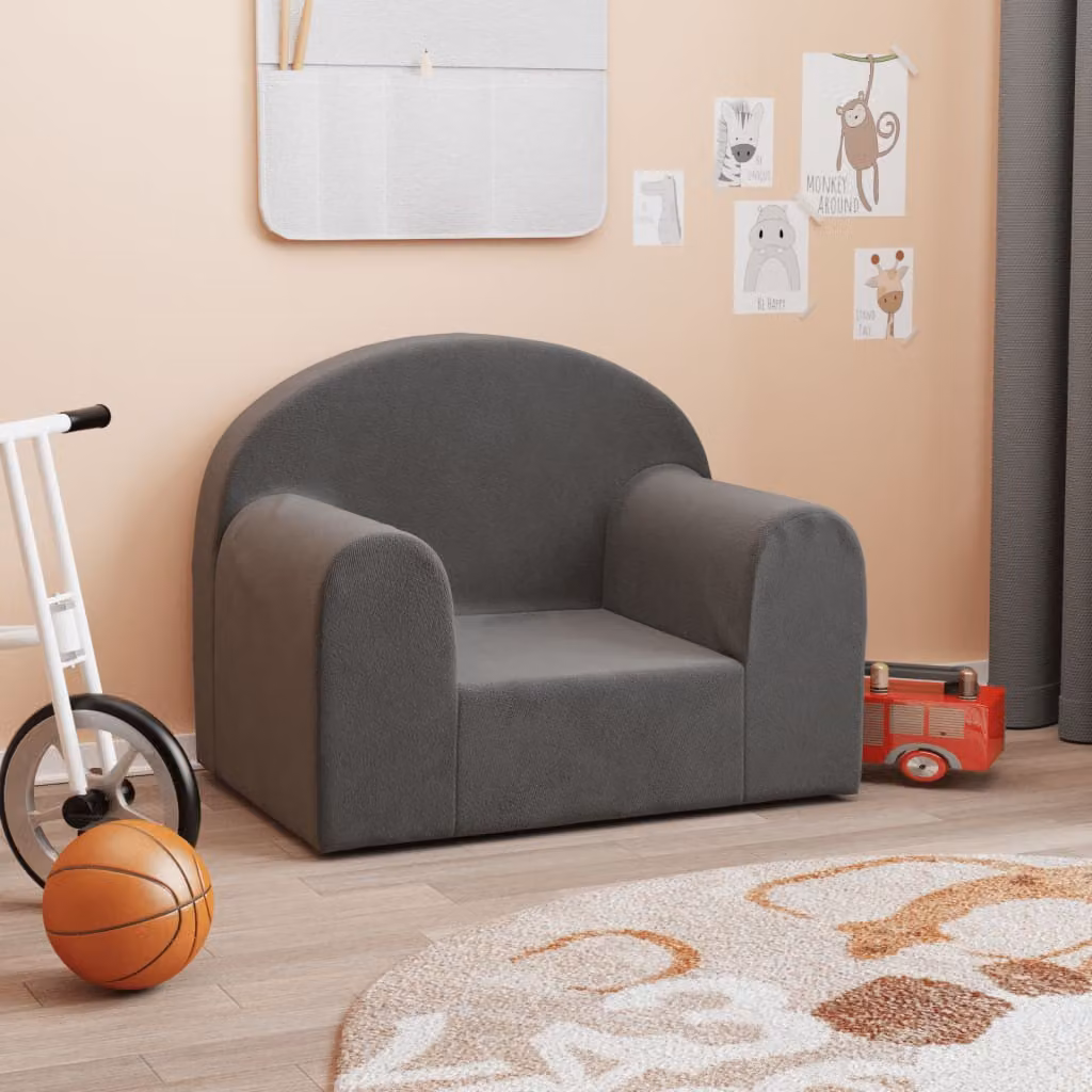vidaXL Divano per Bambini Antracite in Morbido Peluche L: 52 cm, P: 40 cm, H: 34 cm