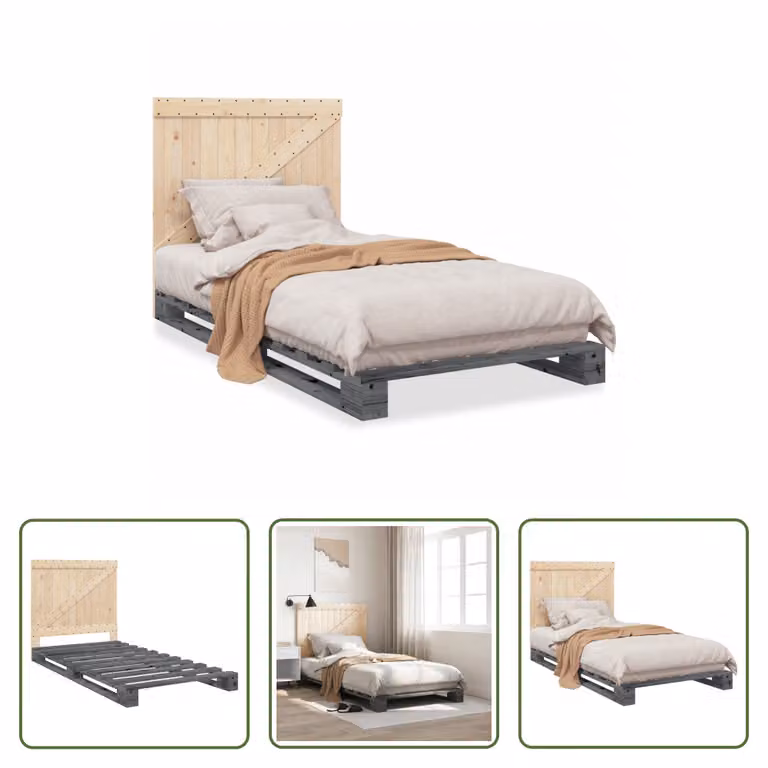 The Living Store Letto in legno massiccio con testiera grigio 100x200 cm pino