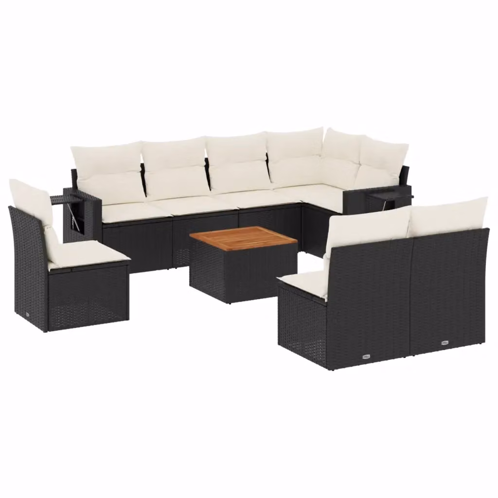 vidaXL Set Divani da Giardino a L 9 pz in Polyrattan Nero con Cuscini e Tavolino – 2