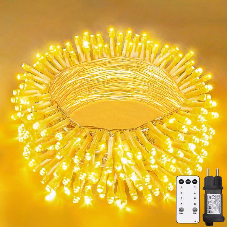 Catena luminosa da 15 metri, con 150 LED, luce bianco caldo, grado di protezione IP44, dimmerabile, con telecomando