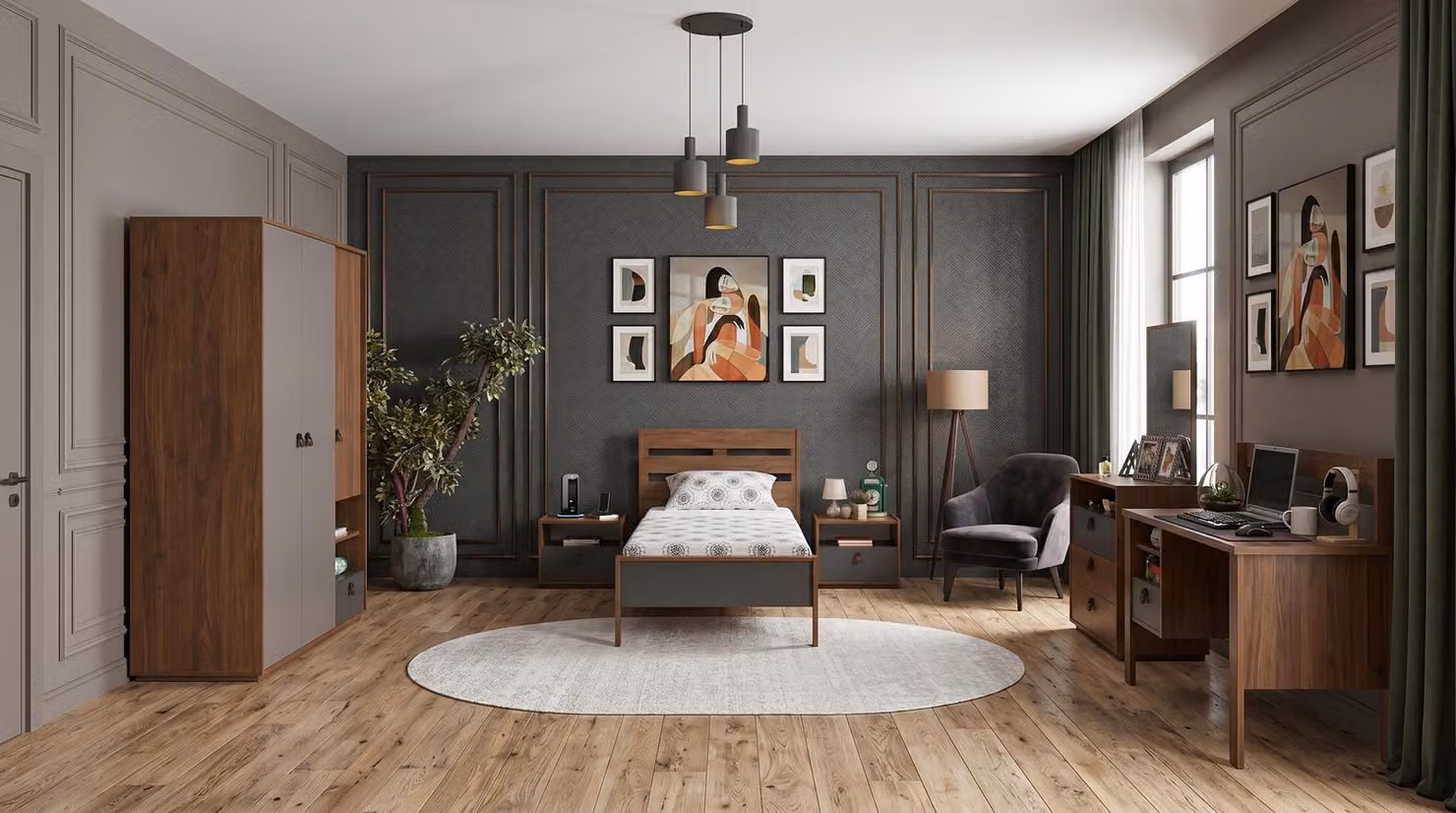 Camera da letto per adolescenti, colore marrone: letto, comodini, armadio, cassettiera, scrivania
