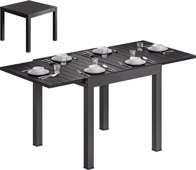 Tavolo da giardino allungabile in alluminio nero per 4-6 persone, con piano a doghe 80/160x80x75 cm, resistente per esterno