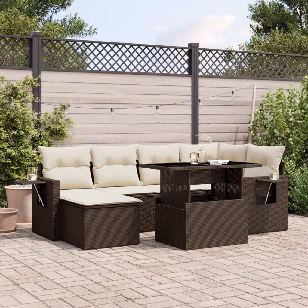 Set di divani da giardino vidaXL in polyrattan marrone con cuscini e tavolino, composto da 7 pezzi per esterno – 1