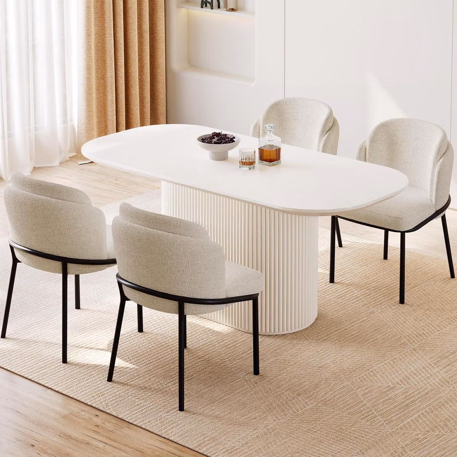 Set da tavolo da soggiorno con 4 sedie imbottite, design scandinavo, colore bianco, dimensioni 160 cm
