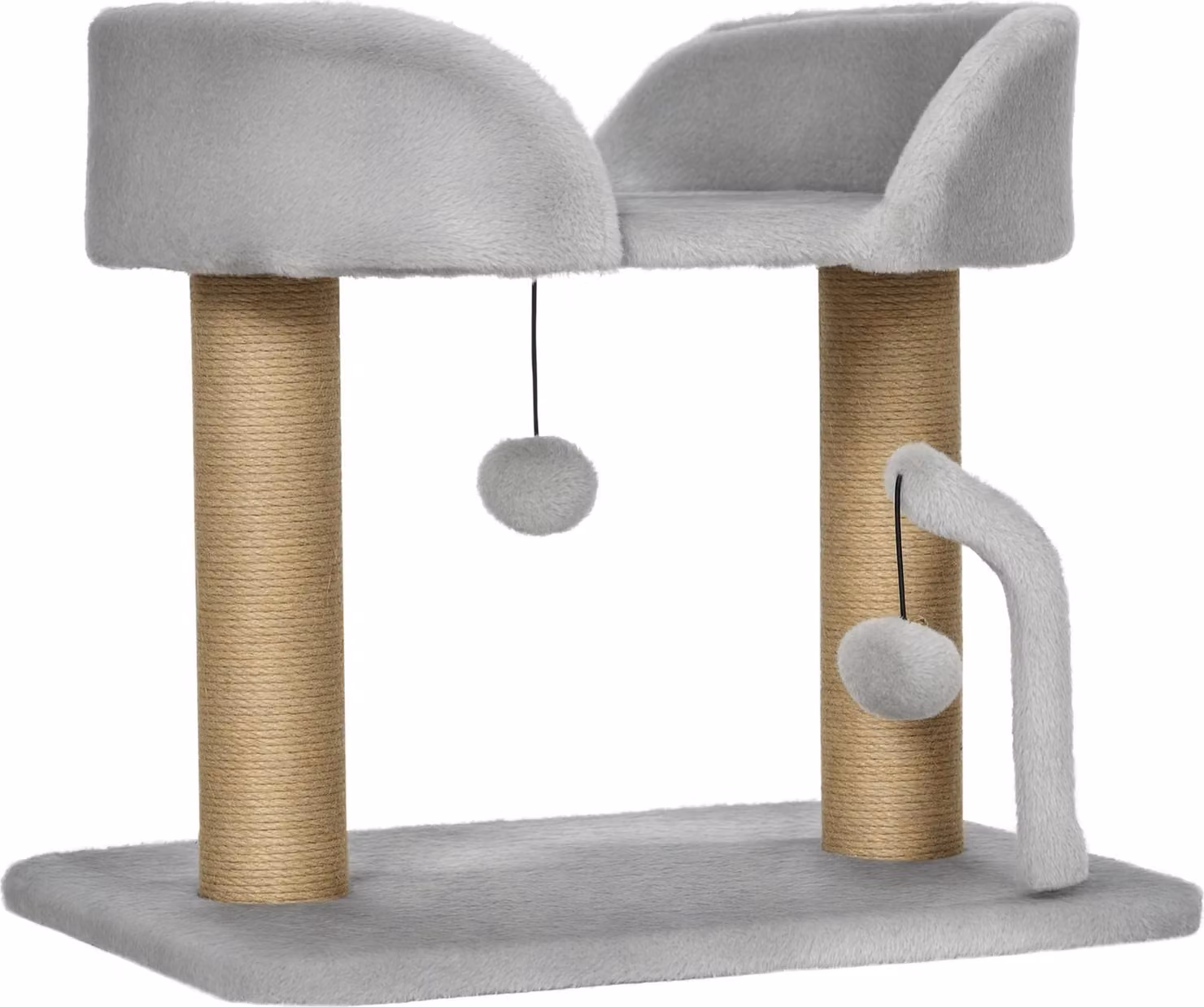 PawHut Design albero per gatti con 2 pompons pendenti 2 pali di iuta + piattaforma in peluche - 48 x 38 x 42 cm - grigio