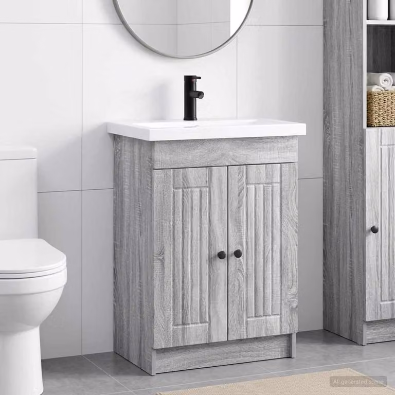 Set di mobili per il bagno vidaXL in stile moderno, colore grigio e nero, con ante a battente e ripiani interni, L: 56 cm, P: 37,5 cm, H: 81 cm