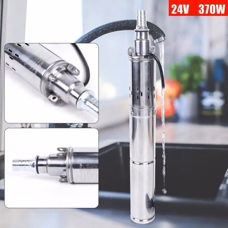 Pompa per pozzi profondi - Pompa sommersa per pozzi trivellati - 24 V 16 A - Prevalenza fino a 65 m - Uscita 2,54 cm - Ø 7,6 cm - 2860 giri/min - Spina UE - Argento