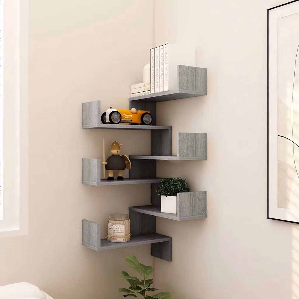 Set di 2 Scaffali da Parete Angolari vidaXL in Legno e MDF Grigio, L/P/H: 40 x 40 x 50 cm