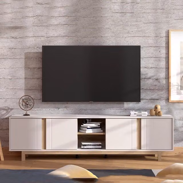Mobile porta TV moderno DMORA Capaci con 2 ripiani e passacavi, L/P/H: 202 x 40 x 54 cm, Bianco Crema – 1