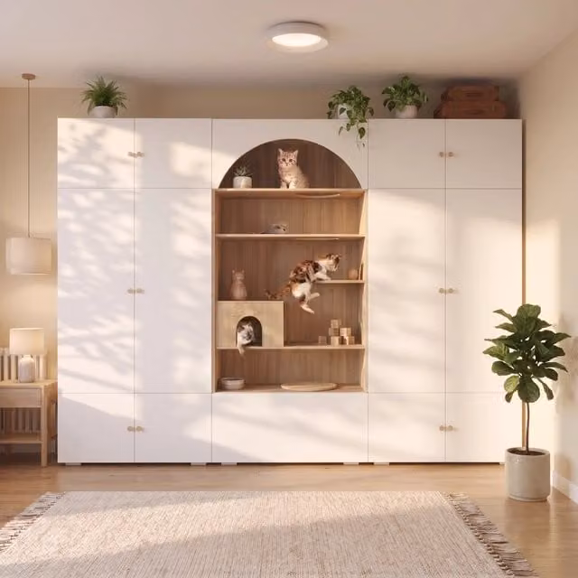 Armadio moderno con spazio per gatti e parete da arrampicata, bianco e marrone, L: 270 cm, P: 50 cm, H: 200 cm