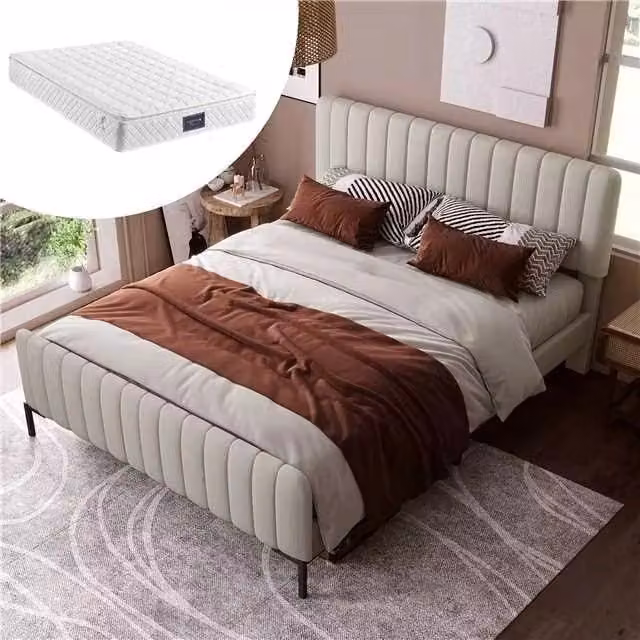 Letto matrimoniale 140×200 cm 2 posti, imbottito con testiera regolabile e materasso a molle incluso, grigio beige