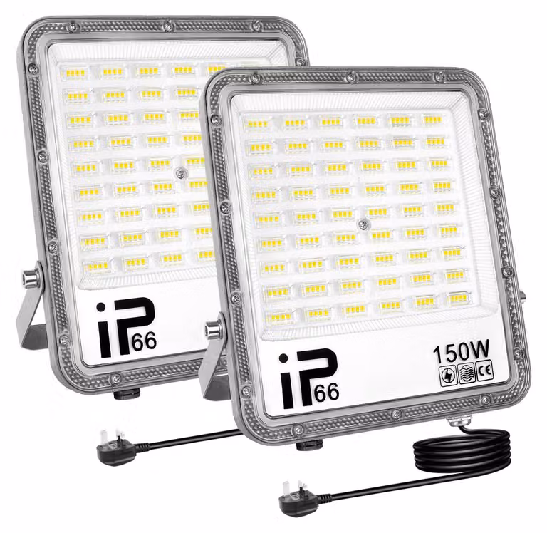 Confezione da 2 fari LED da esterno, 150 W, 15.000 lumen, grado di protezione IP66, con spina