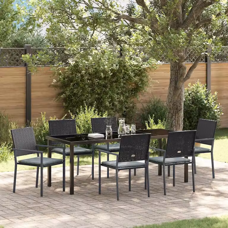 Set da pranzo per giardino e terrazzo vidaXL in rattan e metallo, 7 pezzi, Nero, Grigio e Antracite